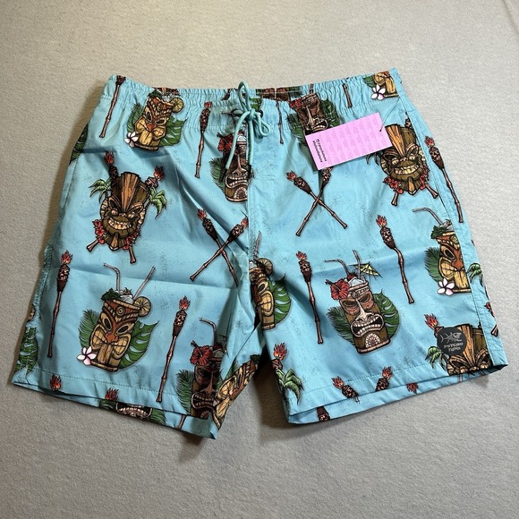 Psycho Tuna Other - Psycho Tuna Tiki Cocktail Party Swim Shorts Mens XL NWT Blue Beach Trunks